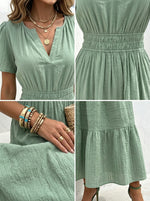Women’s Solid-color V-neck Short Sleeve Elastic Waistband Pocket Maxi Dress