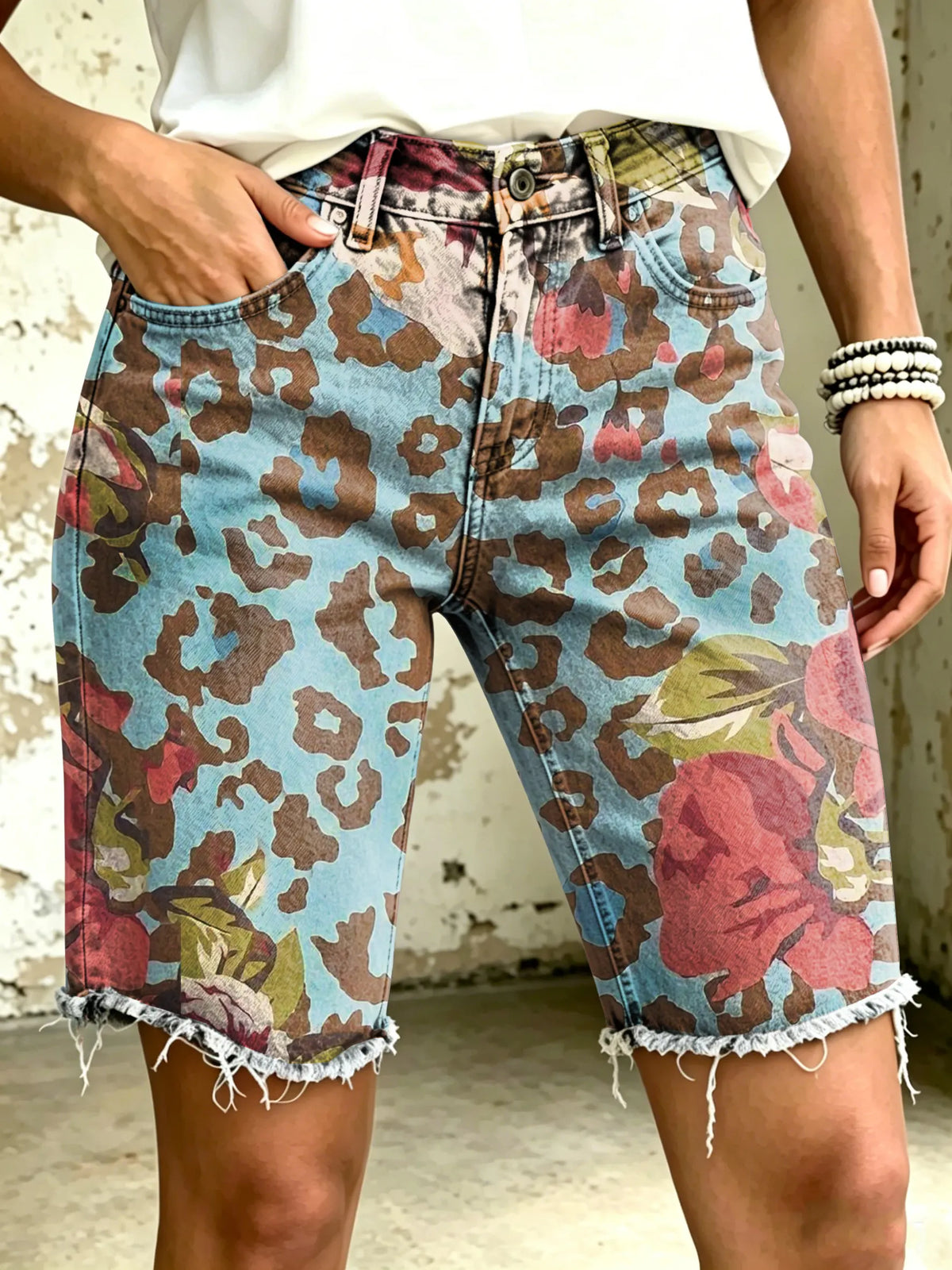 Women's Vividly Leopard Floral Totem Art Print Casual Denim Shorts