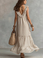 Women's V-neck Ruffled Summer Stripe Maxi Dress