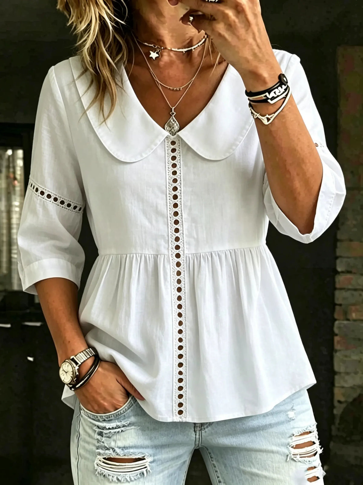 Women's Elegant Lace Hollow Out Blouse - Doll Collar Ruffle Peplum Top