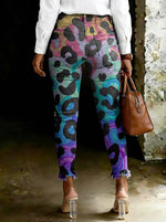 Women's Leopard Print Art Ripped Skinny Jeans