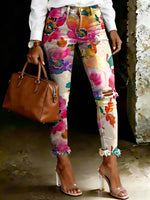 Women's Colorful Floral Print Ripped Skinny Jeans