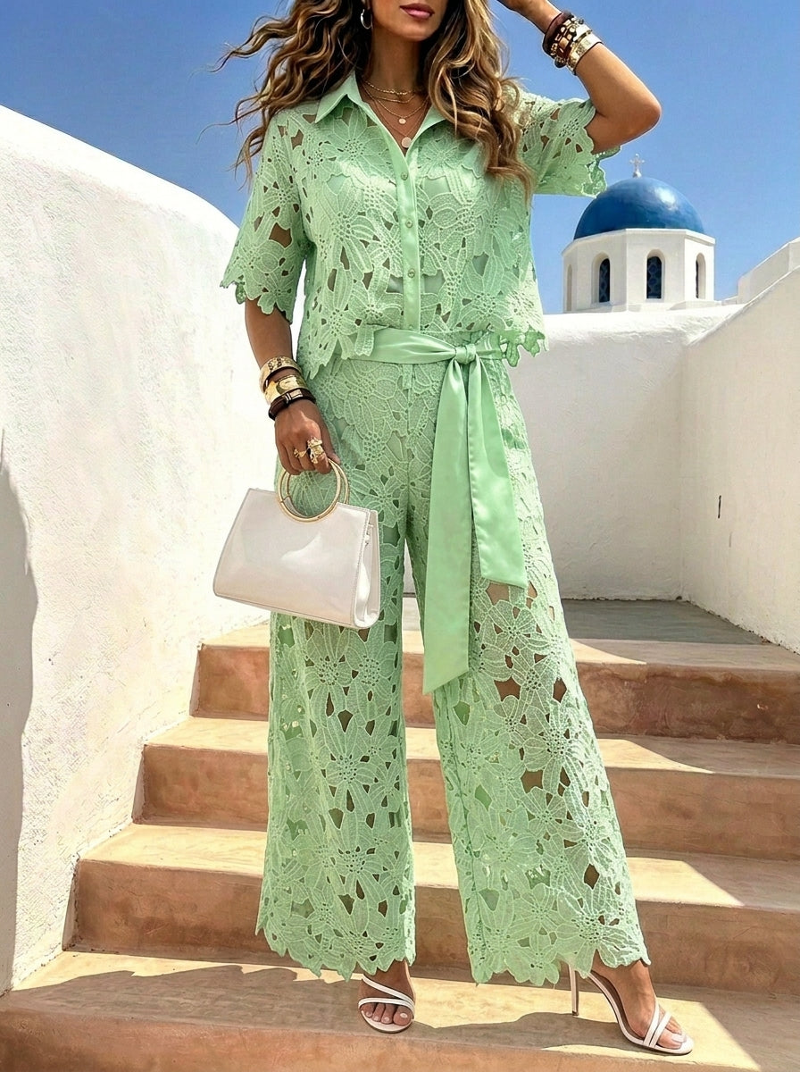 Women‘s Solid-color Cut-out Cardigan Top And Wide-leg Pants Two-piece Set For Women