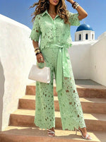 Women‘s Solid-color Cut-out Cardigan Top And Wide-leg Pants Two-piece Set For Women