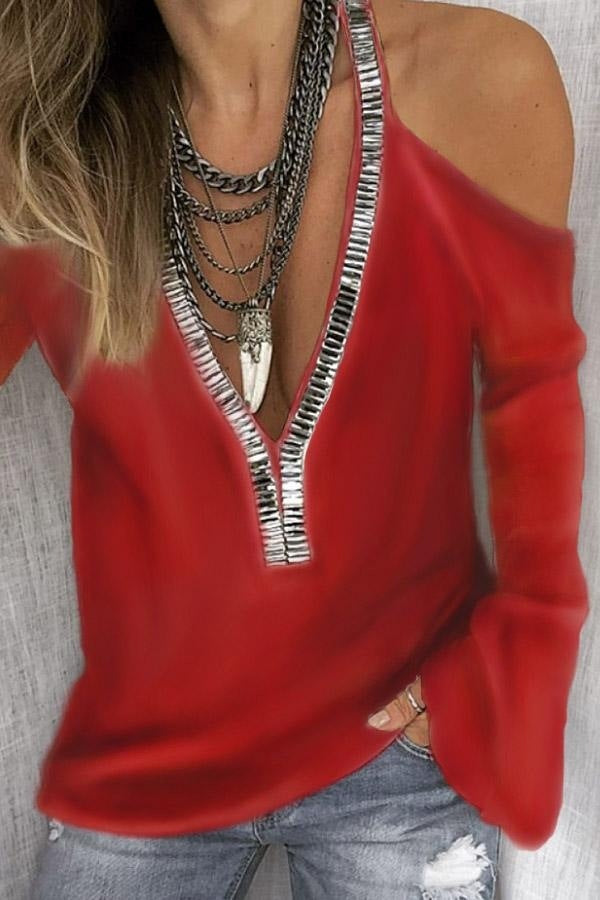 Women's Casual Solid-color Paneled V-neck Sequin Long-sleeve T-shirt