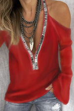 Women's Casual Solid-color Paneled V-neck Sequin Long-sleeve T-shirt