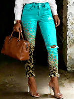 Women's Shimmering Gradient Leopard Print Ripped Skinny Jeans