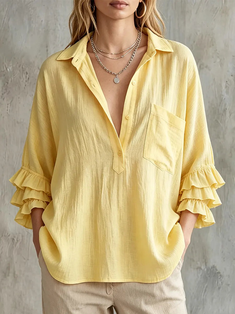 Women's Fashion Casual Loose-fit V-neck Ruffles Cotton Shirt