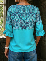 Women's Causal Ethinic Print Ruffled Sleeves Round-neck Top