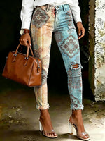 Women's Vintage Ethnic Totem Print Casual High-waisted Ripped Skinny Jeans