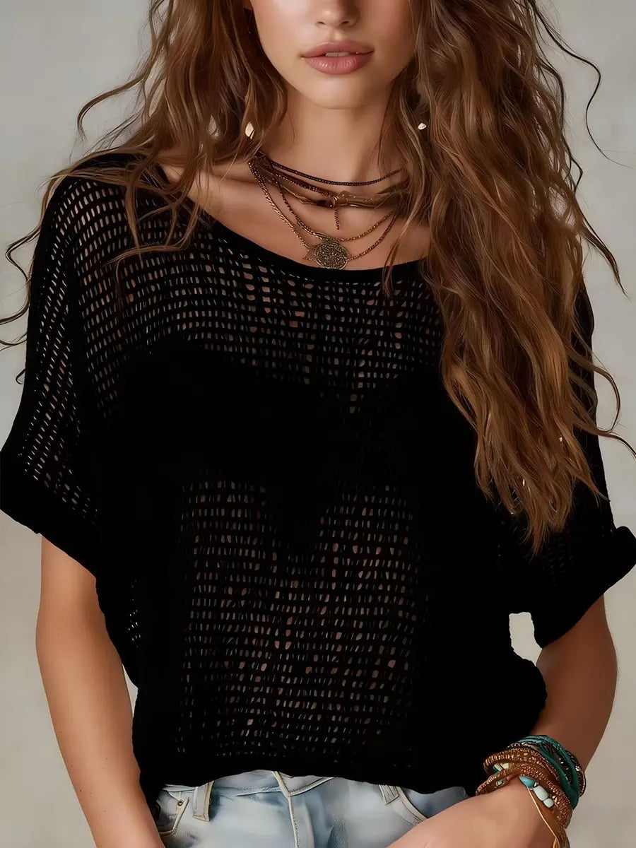 Casual Vacation Style Bohemian Crochet-knit Solid-color Short-sleeve Sweater