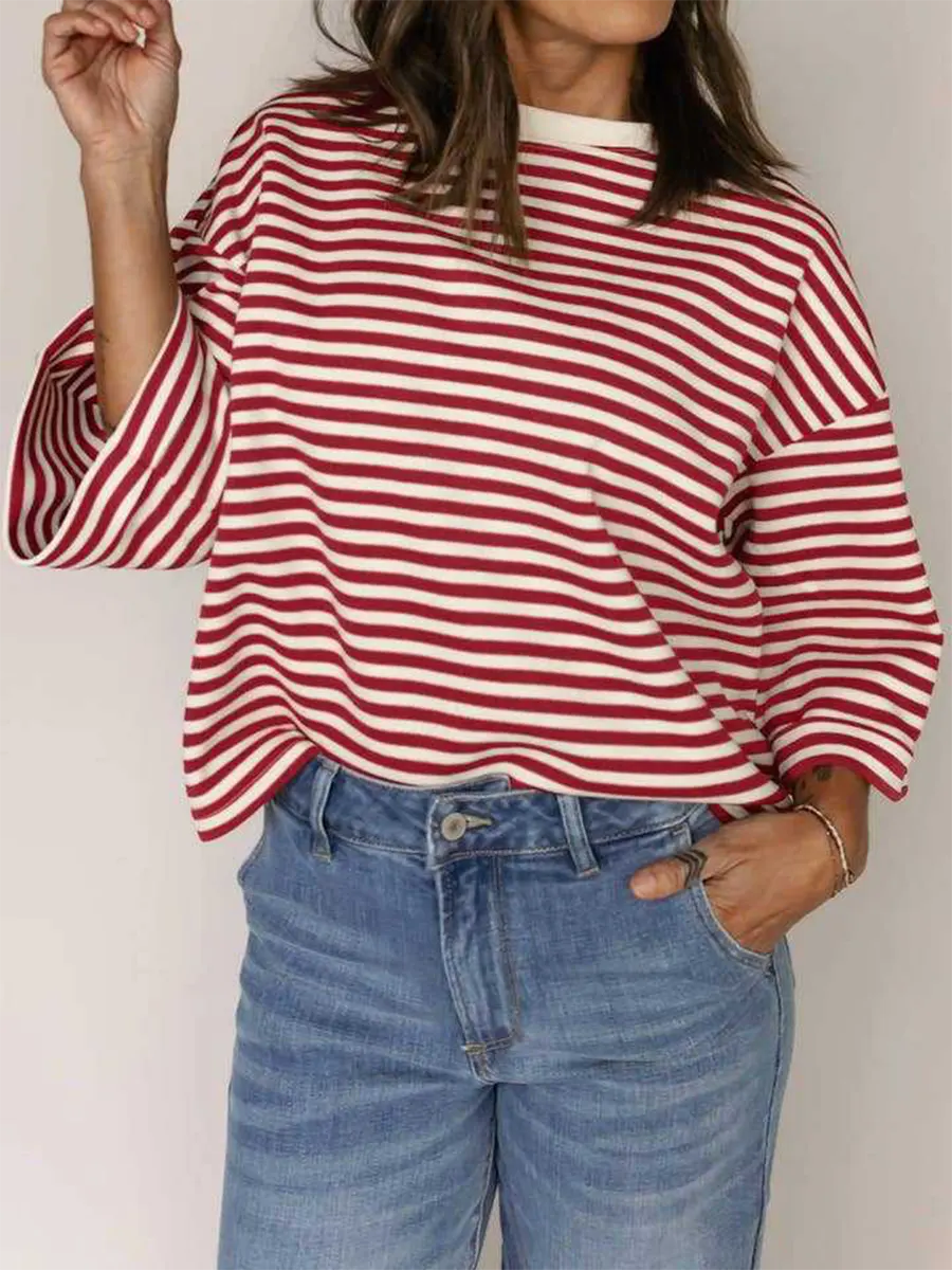 Women's Casual Crew-neck Striped Short-sleeve Top With Back Tie-bow Detail