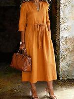 Women’s V-neck 3/4-sleeve Elastic Drawstring High-waisted Pockets Dress