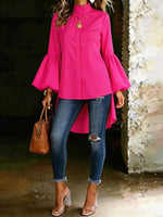 Women's Solid Color Stand-up Collar Puff Sleeve Top Slim Fit Lapel Shirt