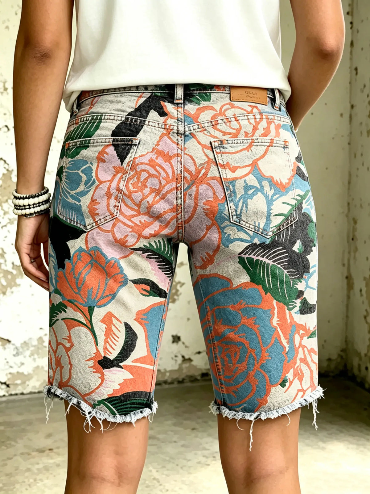 Women's Vividly Floral Totem Art Print Casual Denim Shorts