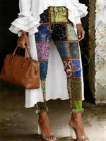 Women's Fashion Casual Multicolor Flowers Art Print Ripped Skinny Jeans