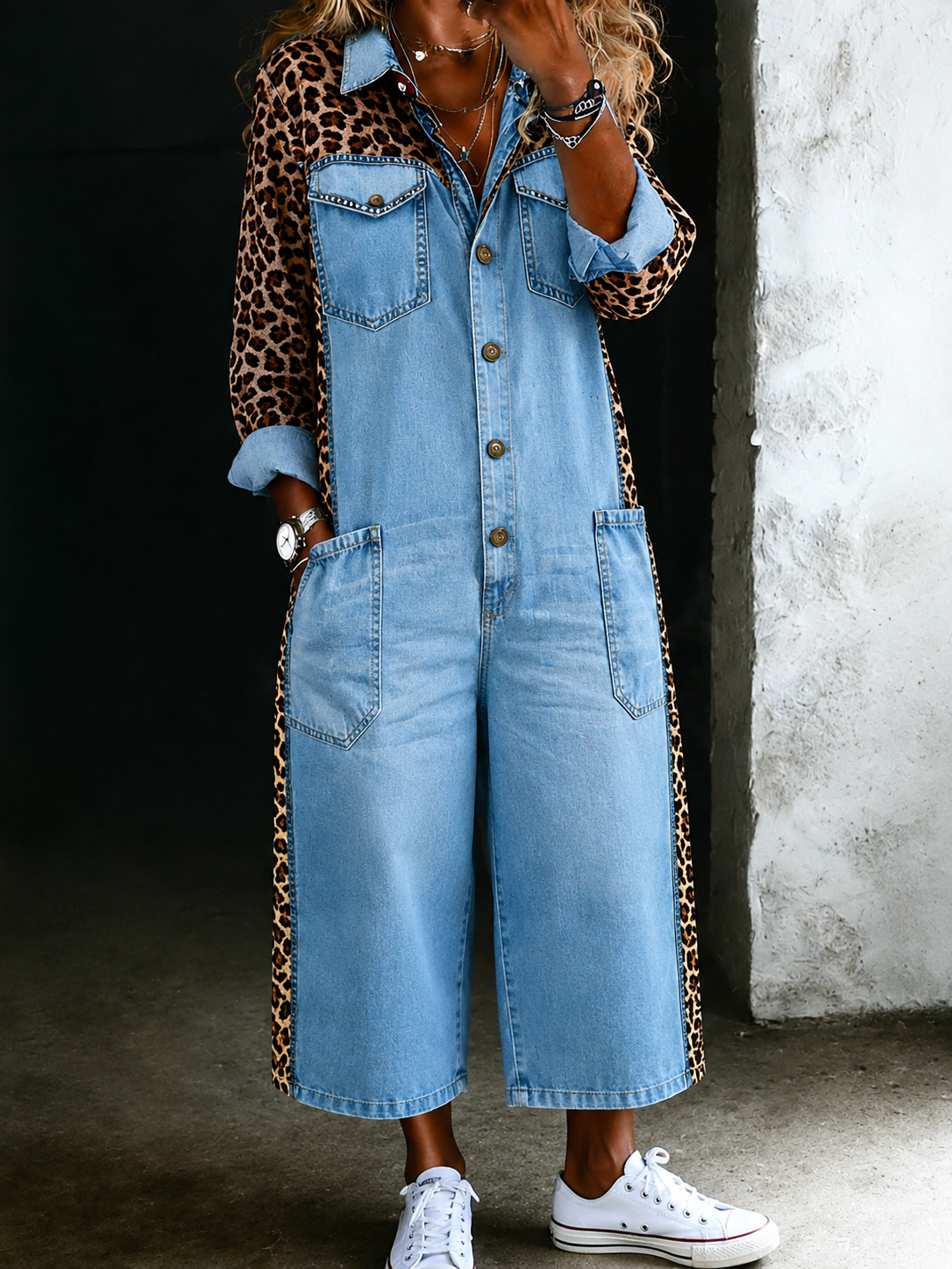 Women’s Leopard Patchwork Casual One Piece Denim Jumpsuit