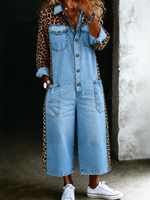 Women’s Leopard Patchwork Casual One Piece Denim Jumpsuit