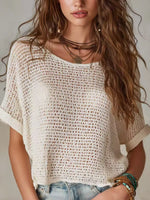 Casual Vacation Style Bohemian Crochet-knit Solid-color Short-sleeve Sweater