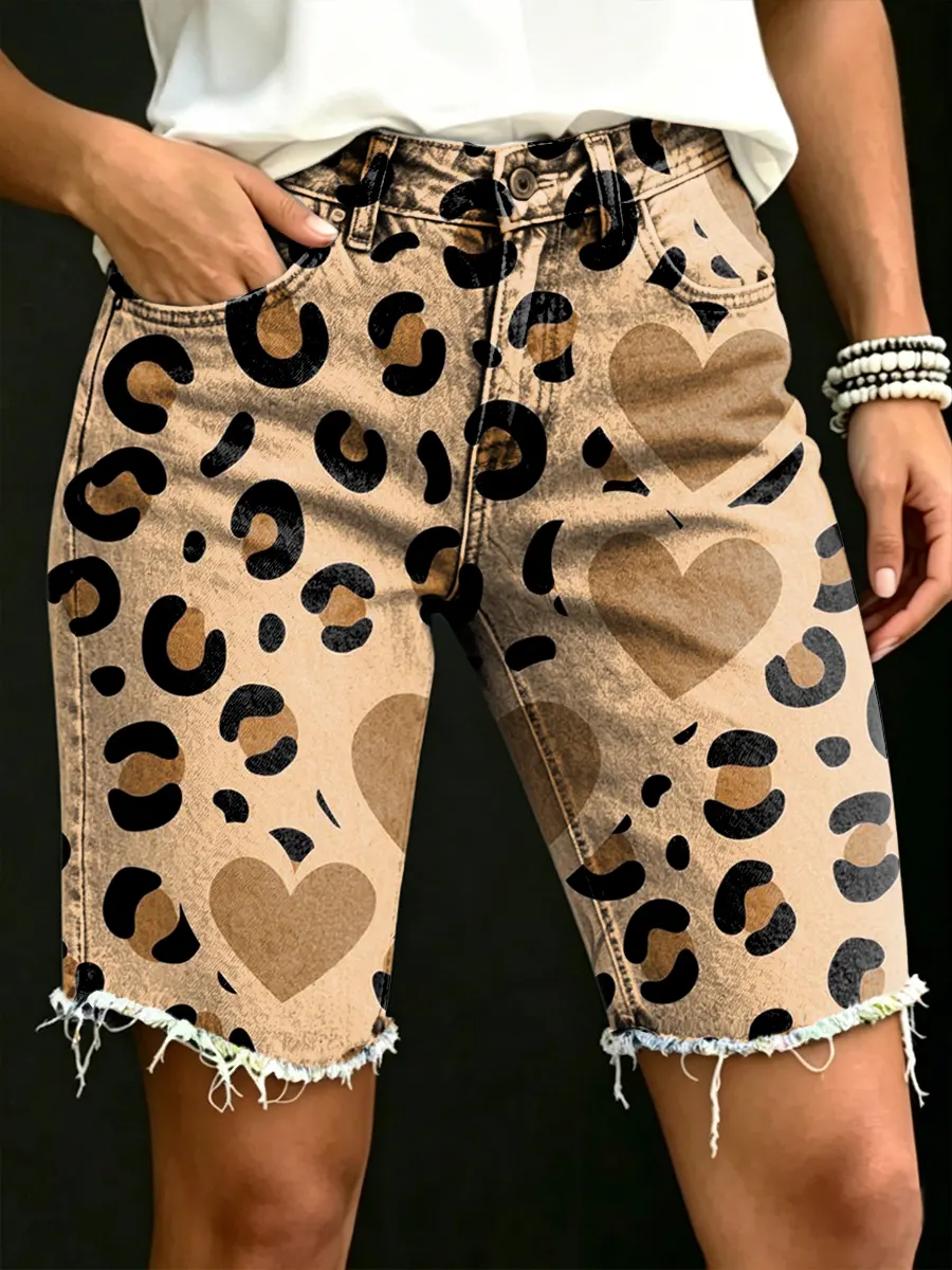 Women's Retro Casual LLeopard-Print Heart Denim Shorts