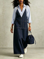 Women's Stylish Causal Metal Chain Strap Pockets V-neck Maxi Dress