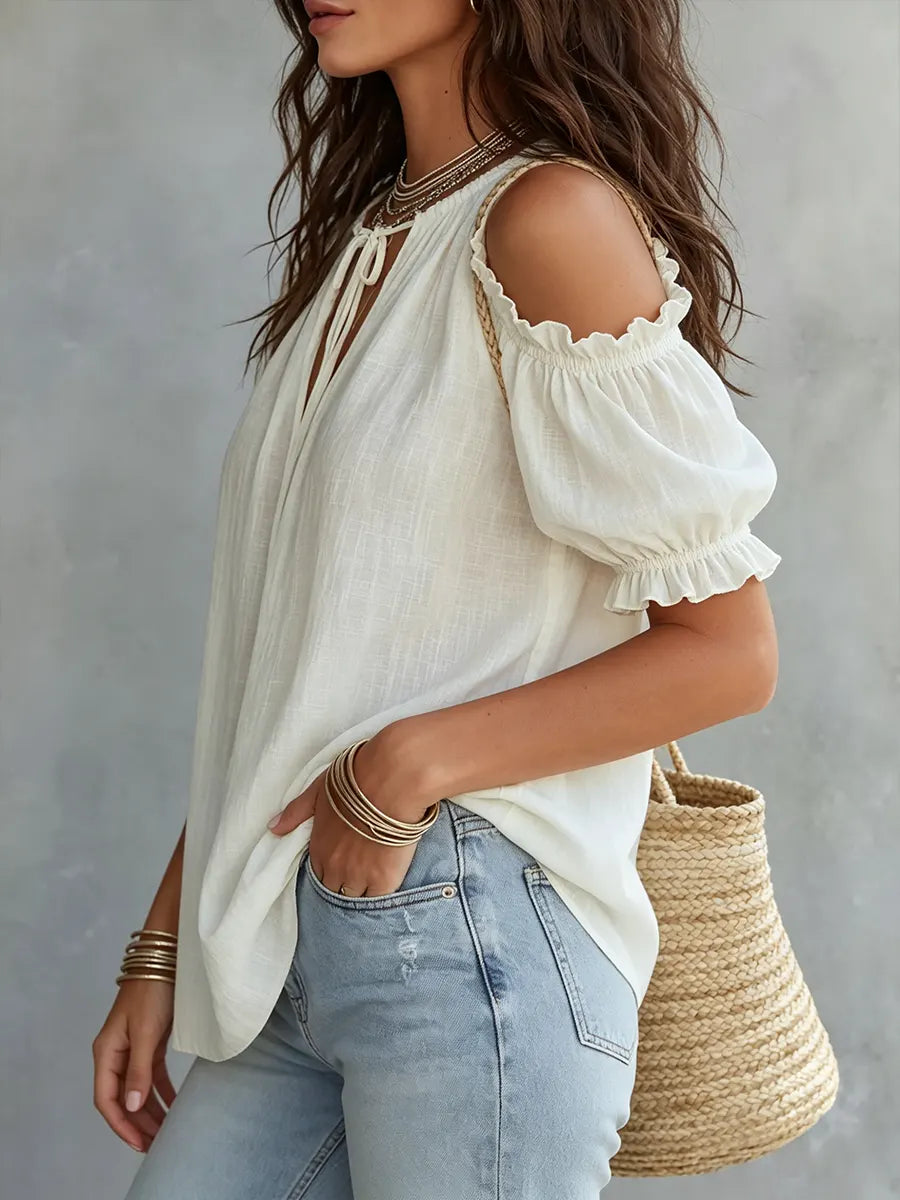 Off-the-shoulder Stylish Loose-fit Cotton Top With Ruffles And V-neck