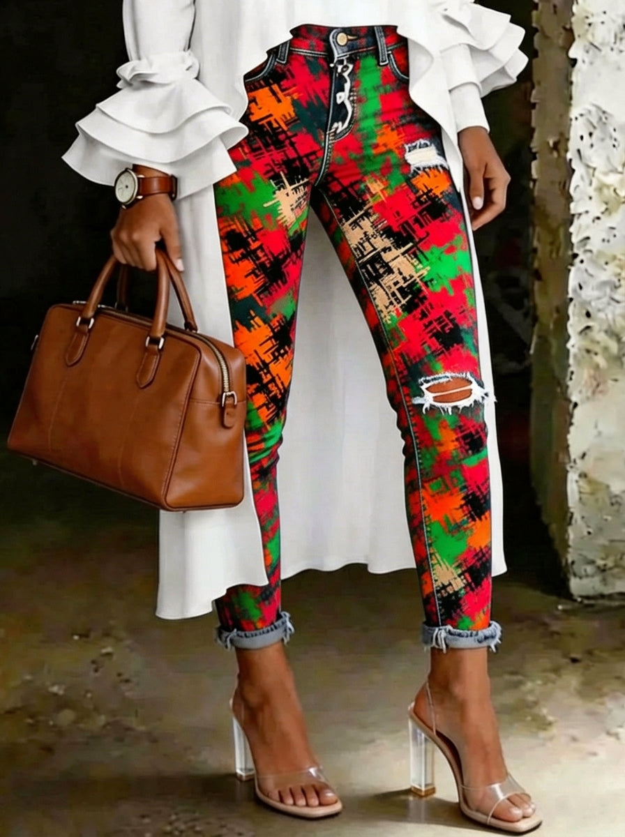 Women's Abstrct Multicolor Art Print Art Ripped Skinny Jeans