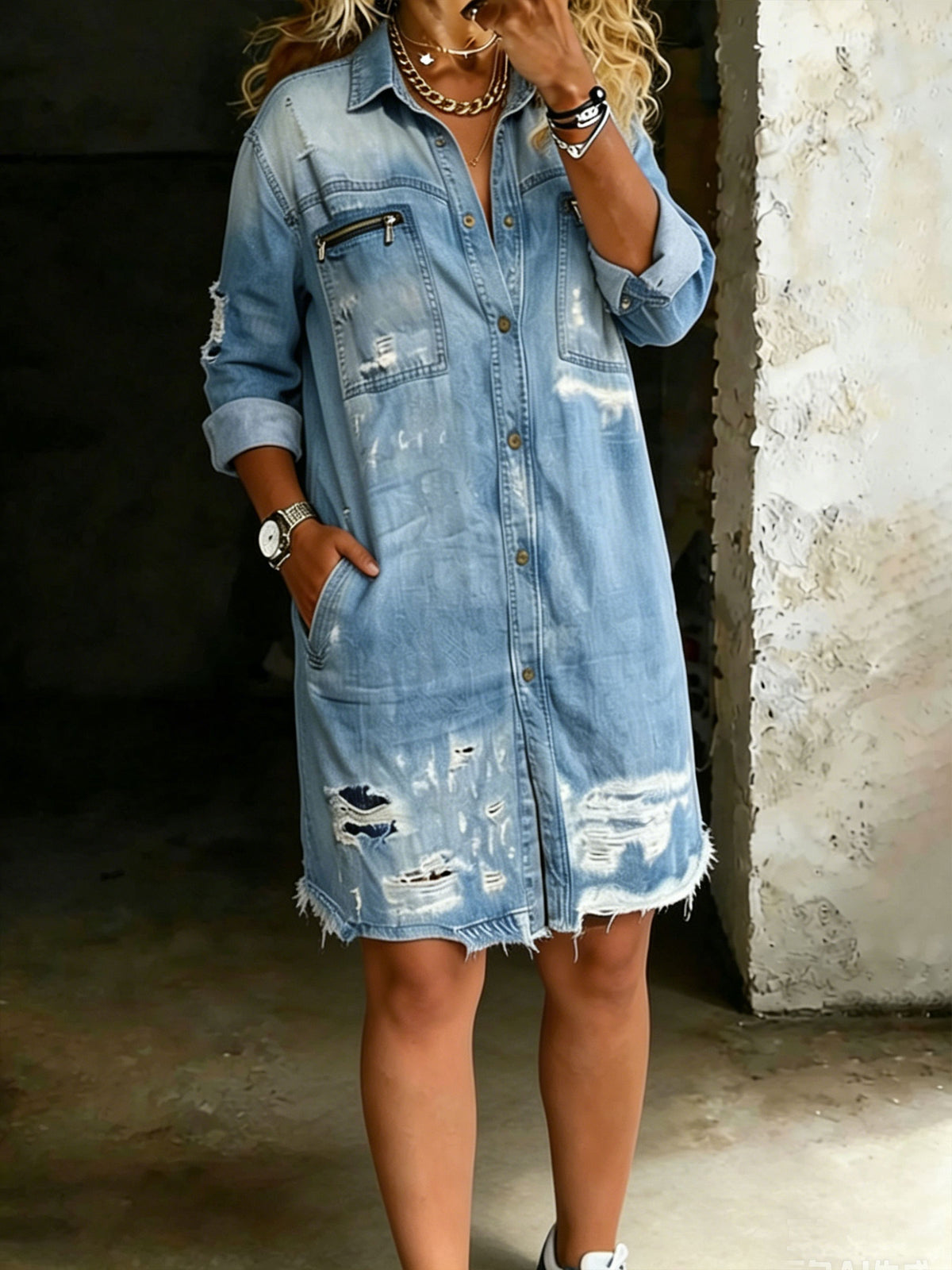 Women’s Casual Brushed Denim Distressed Holes Shirt Dress