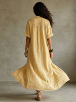 Women's Striped Short-sleeve Button-up Stand-collar Flowy Maxi Dress