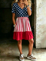 Women's American Patchwork Art Print V-neck Short-sleeve Dress
