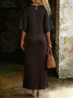 Women’s Elegant Round-neck Batwing Sleeve Flower Printed Loose Maxi Dress