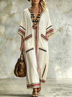 Women's Casual Loose Cotton-linen Dress With Placement Print V-neck And 3/4 Sleeves