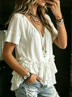 Women's V Neck Ruffle Short Sleeve Blouse Top