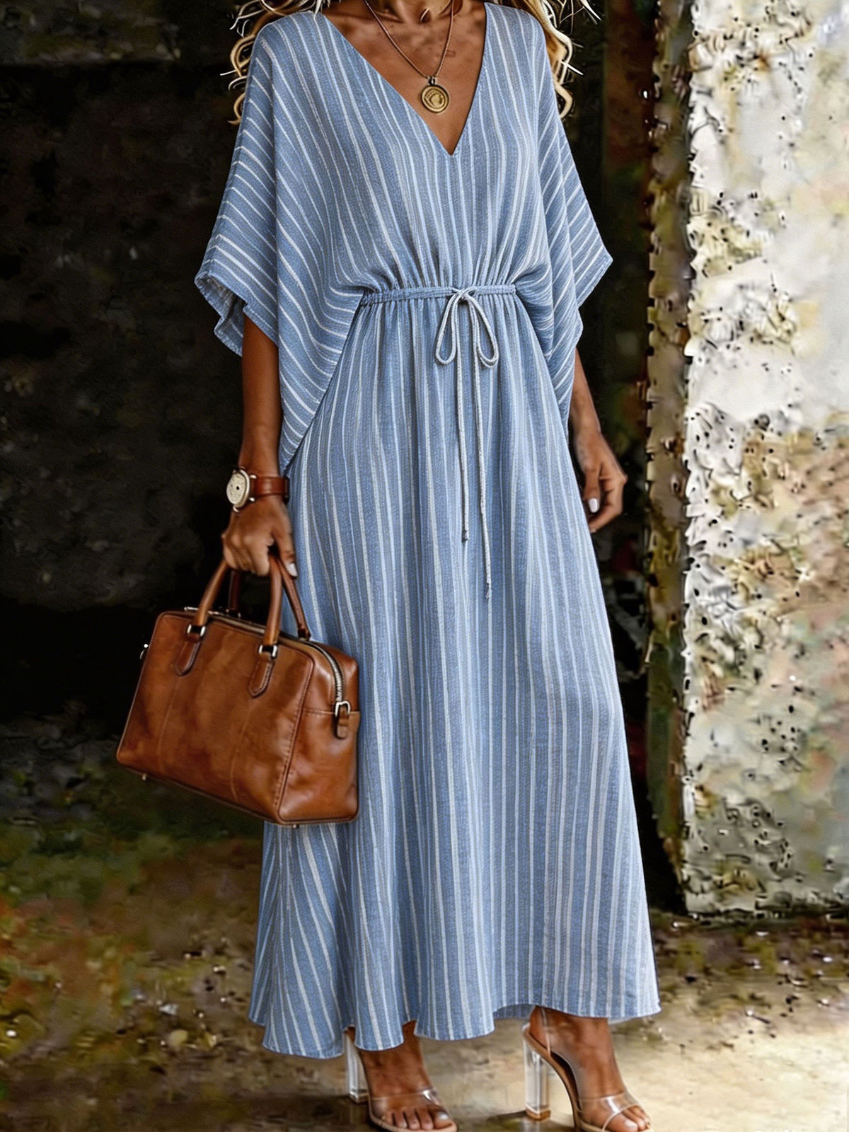Women's Elegant Causal Loose Batwing Sleeves Waist Drawstring Flowy Maxi Dress