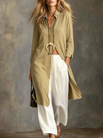 Women's Linen-blend Button-front Long Shirt Dress Trousers Set