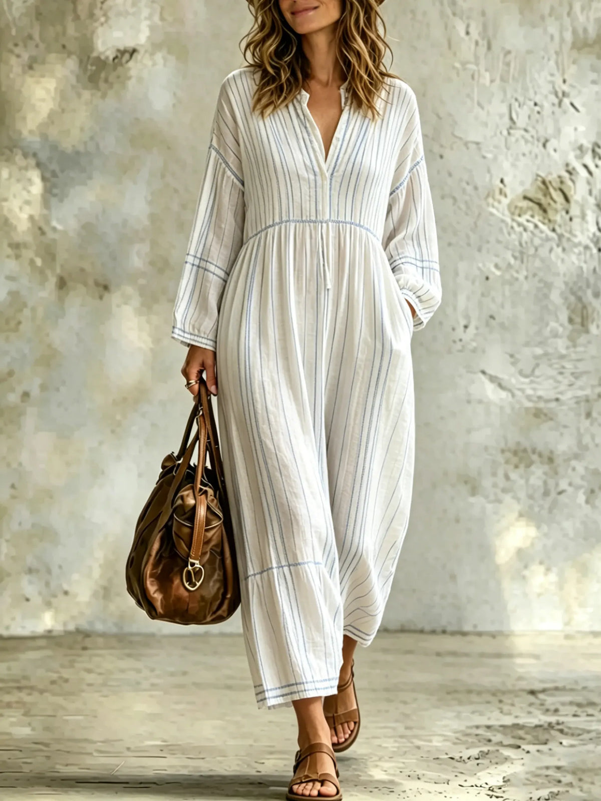 Women's Boho Striped Maxi Dress V-neck Long Sleeve Casual Flowy Cotton Linen Caftan Long Dress With Pockets