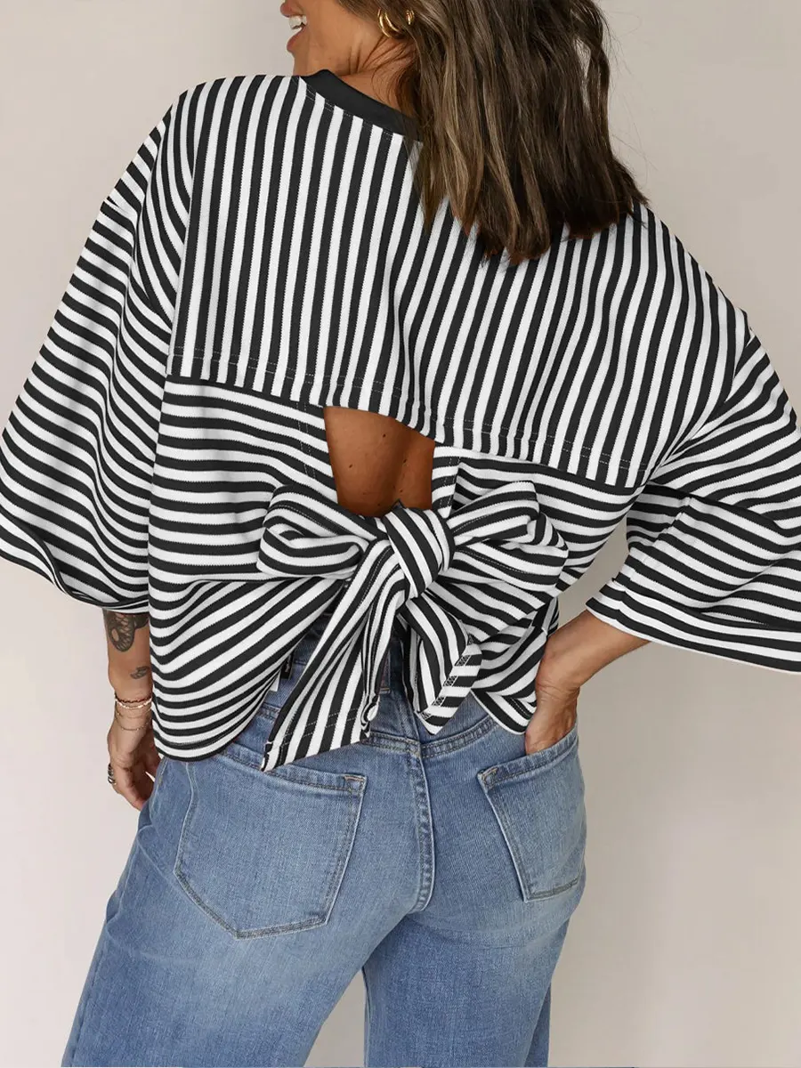 Women's Casual Crew-neck Striped Short-sleeve Top With Back Tie-bow Detail