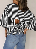 Women's Casual Crew-neck Striped Short-sleeve Top With Back Tie-bow Detail