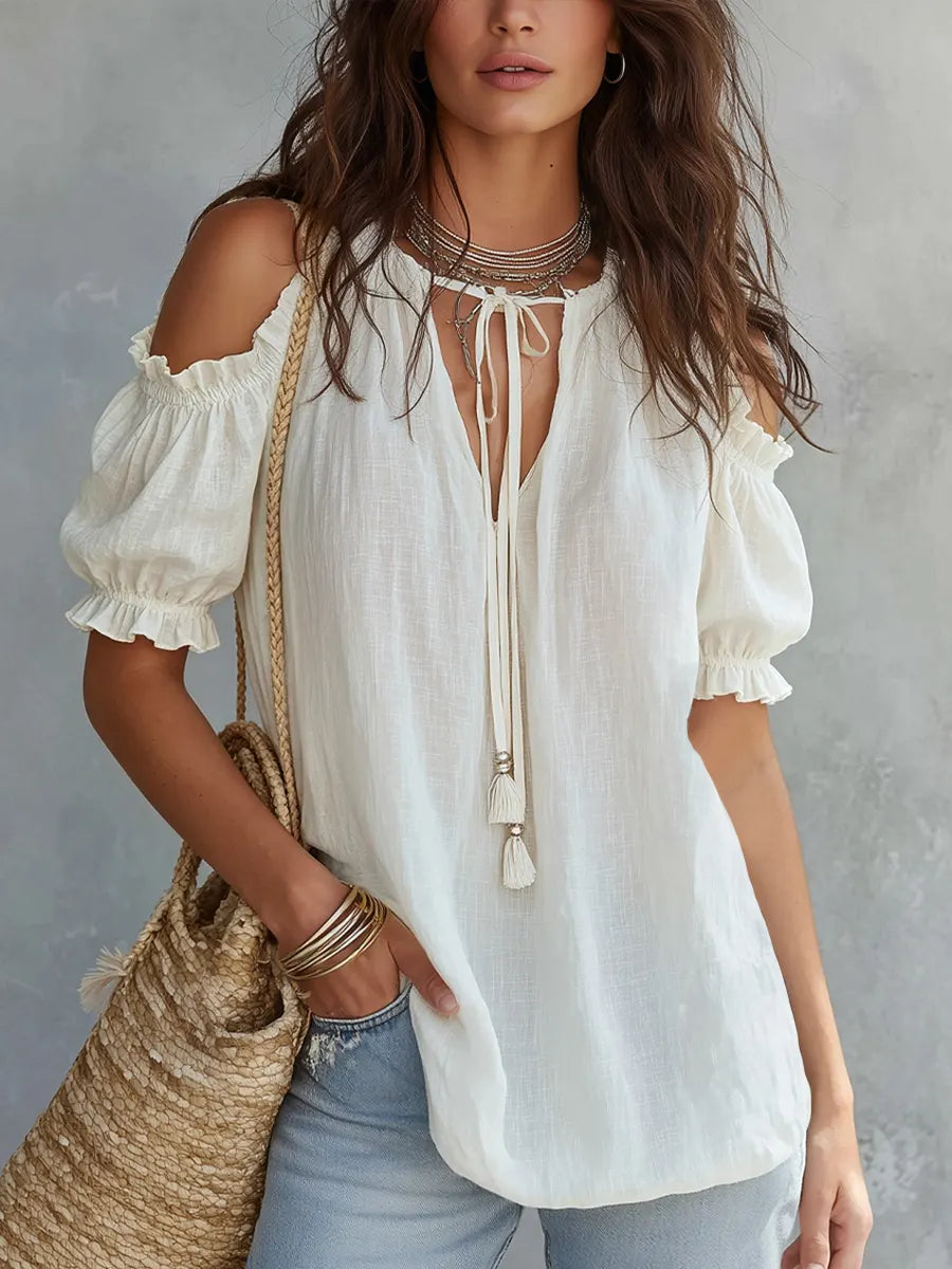 Off-the-shoulder Stylish Loose-fit Cotton Top With Ruffles And V-neck
