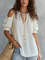 Off-the-shoulder Stylish Loose-fit Cotton Top With Ruffles And V-neck