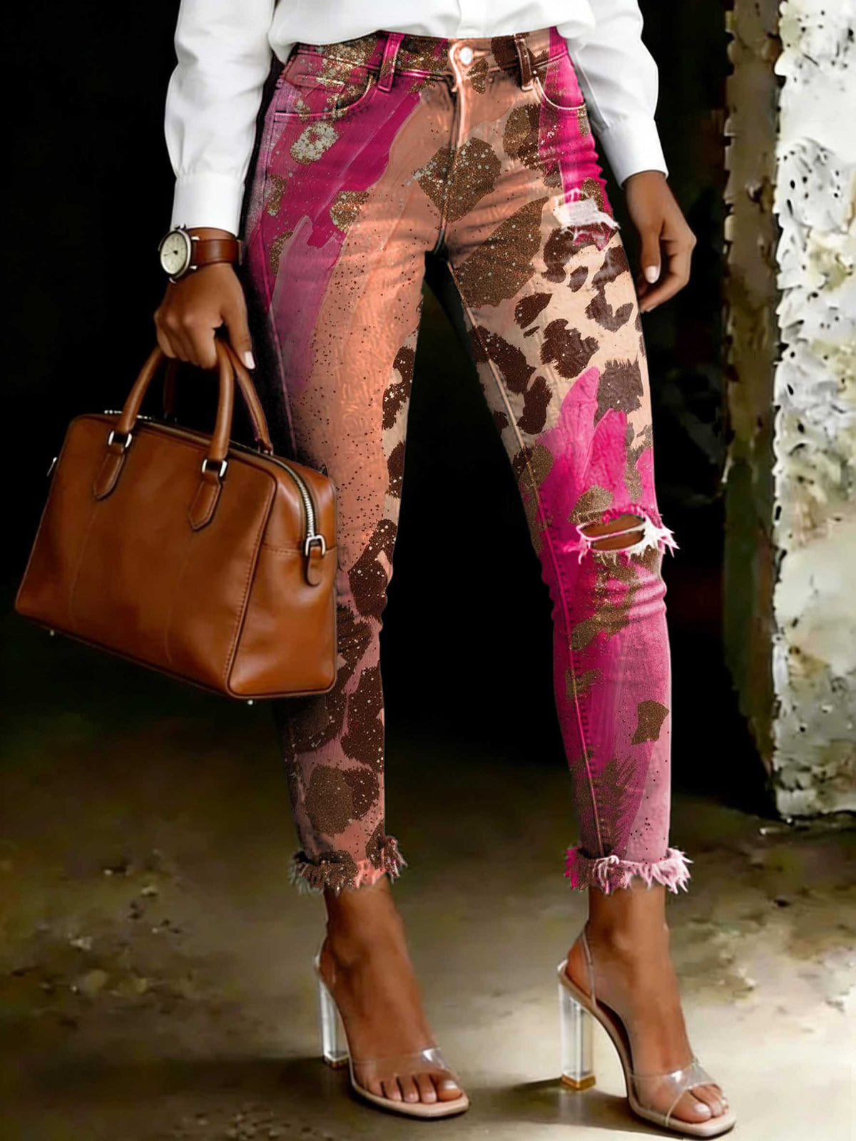 Women's Leopard Print Art Ripped Skinny Jeans
