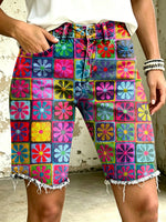 Women's Vividly Checkered Pattern Floral Totem Art Print Casual Denim Shorts
