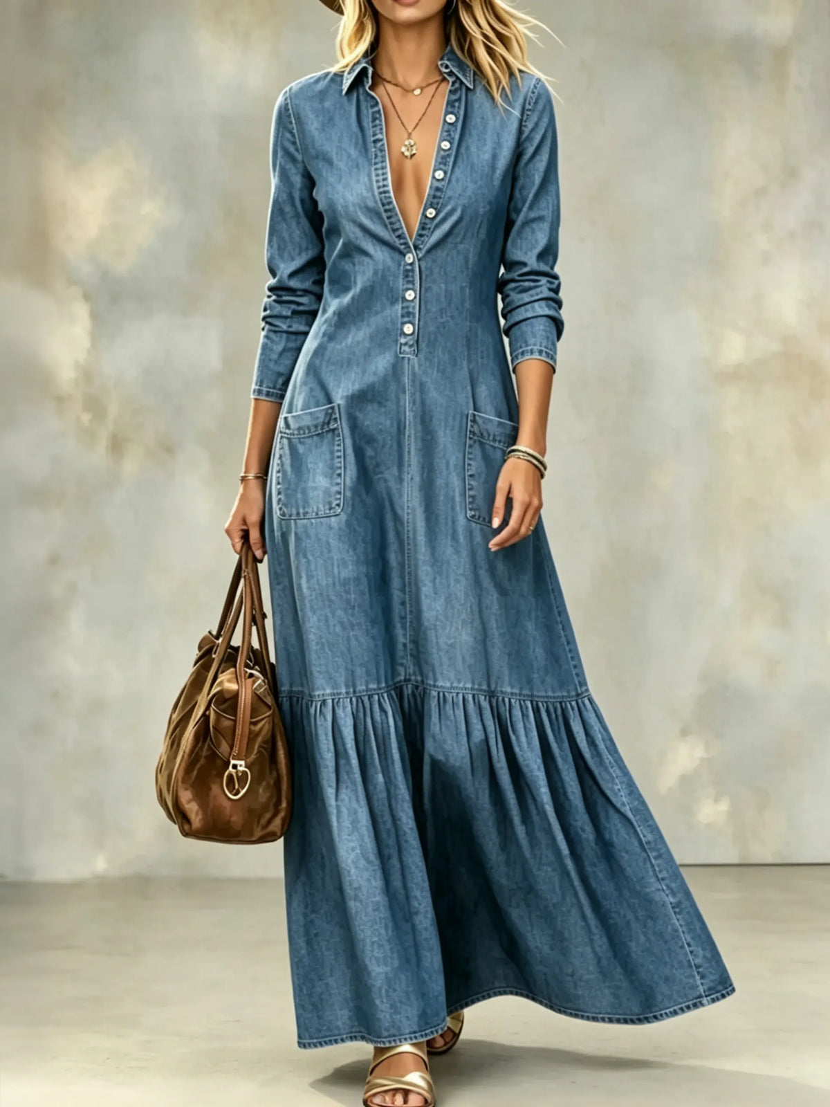 Retro Button Up Ruffle Maxi Denim Dress