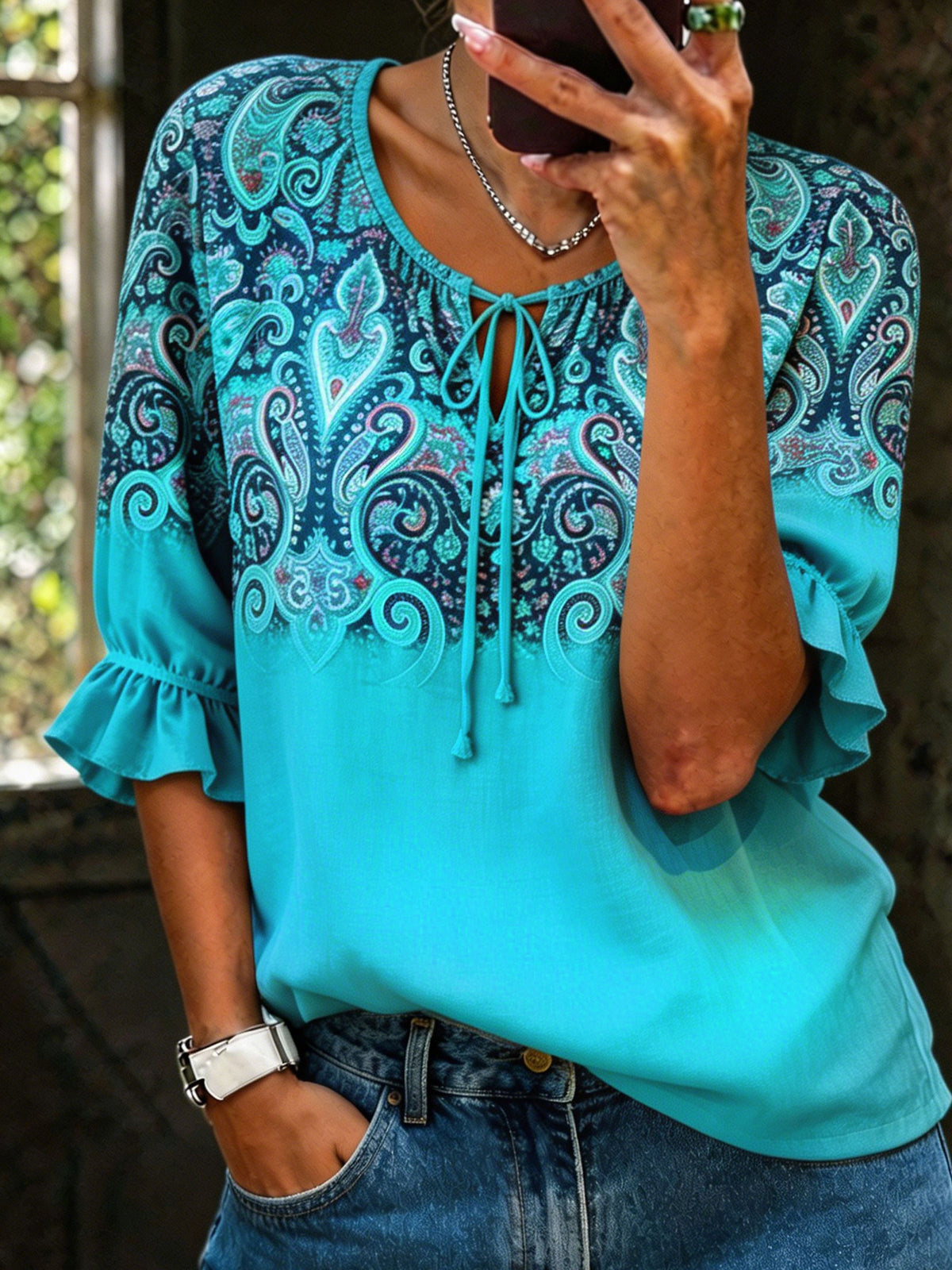 Women's Causal Ethinic Print Ruffled Sleeves Round-neck Top