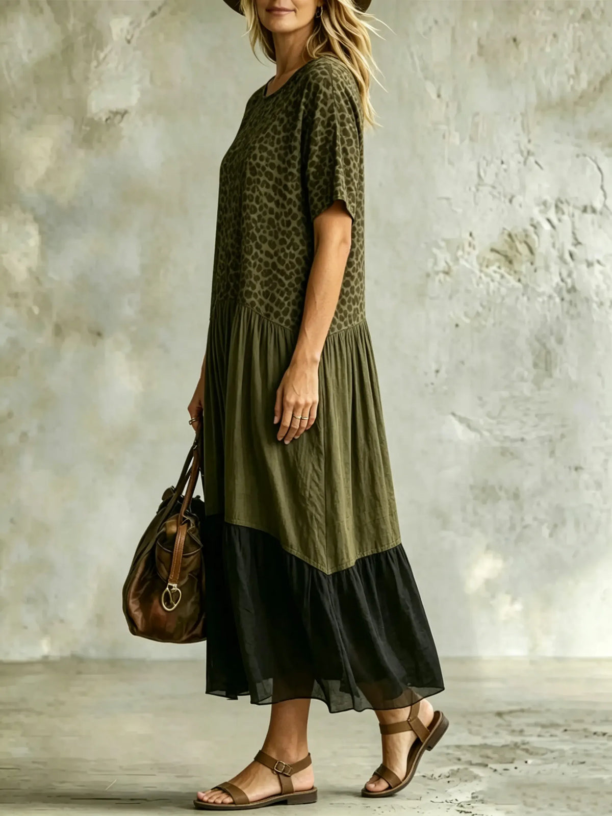 Women's Casual Leopard-print Spliced chiffon & Cotton Dress