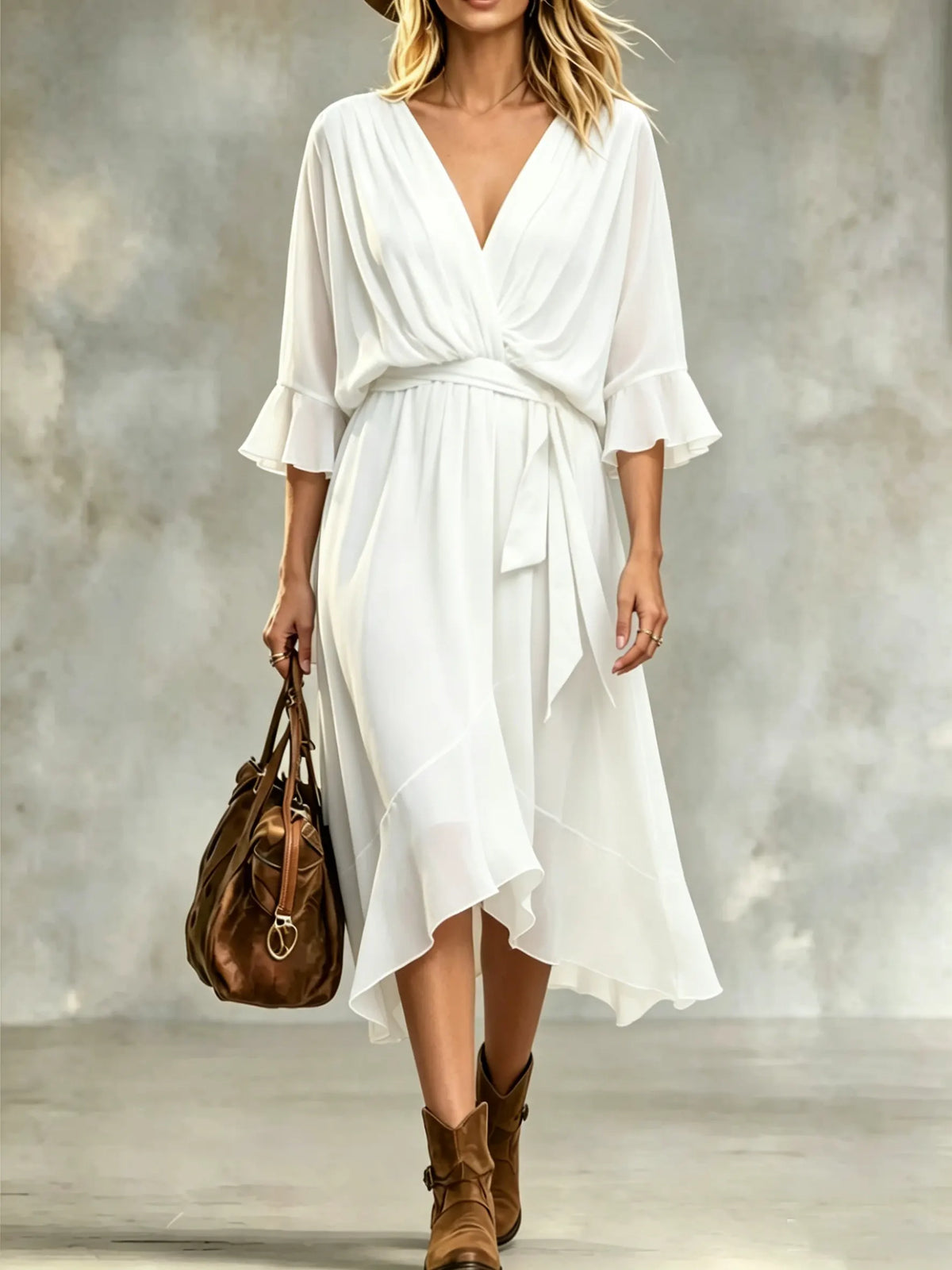 Elegant V-neck Wrap Midi Dress With Ruffle Sleeves