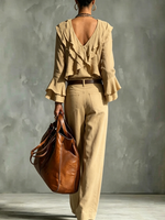 Women's Linen Ruffled Shirt Trousers Set