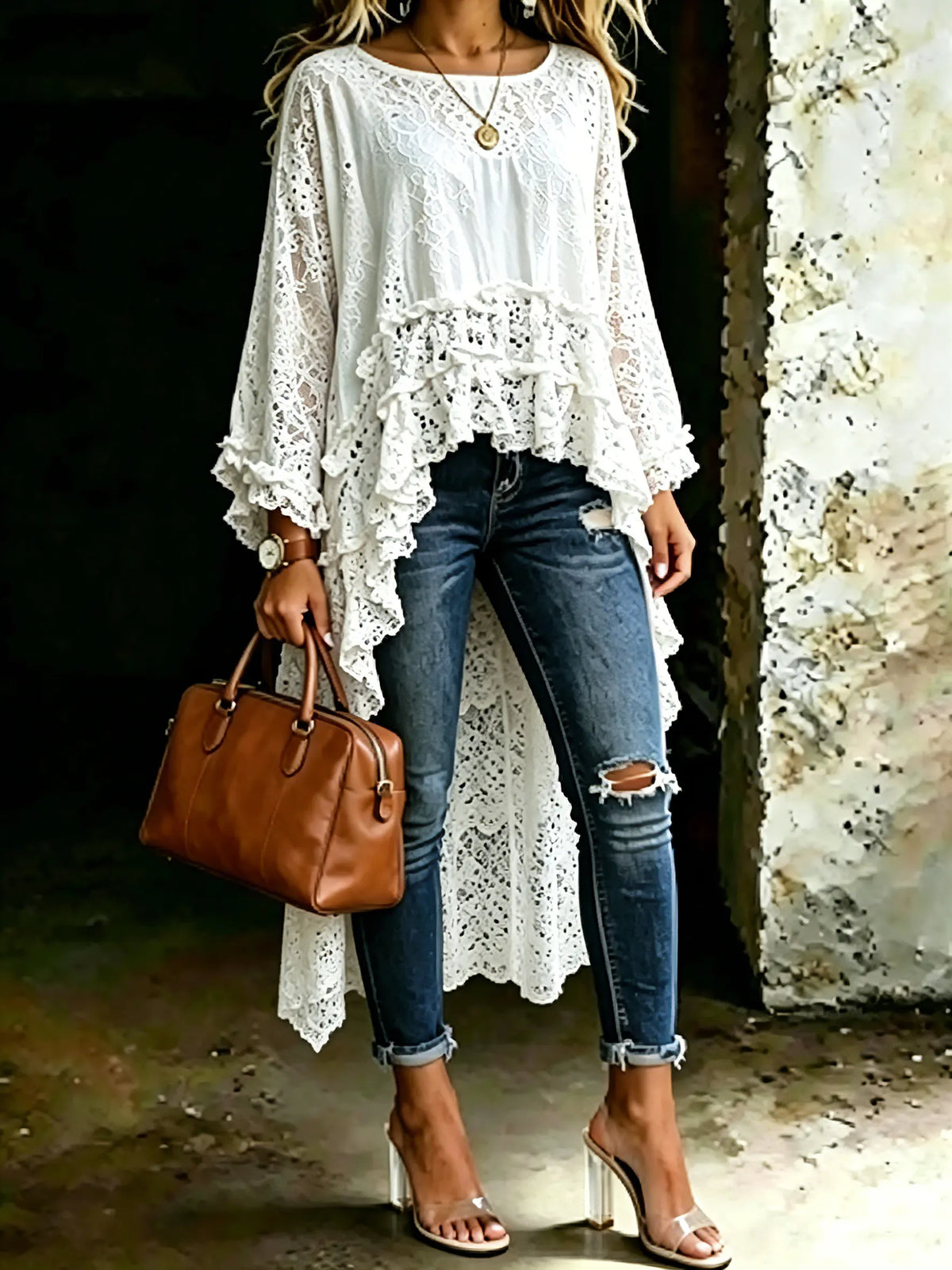 Women's Round Neck Flare Sleeve White Lace Blouse