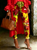 Women's Vintage Red Floral Print Casual High-waisted Ripped Skinny Jeans