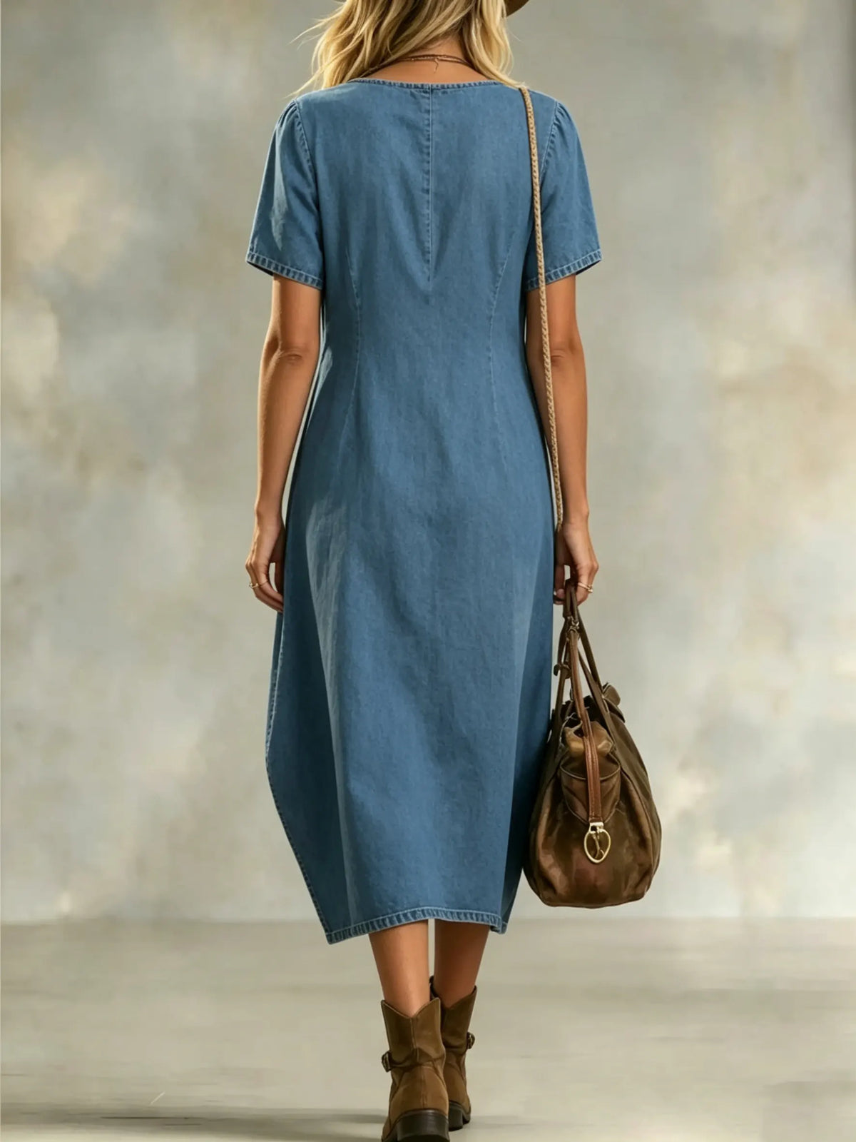 Women's Solid Denim Cotton Pleated Short Sleeve Casual Dress